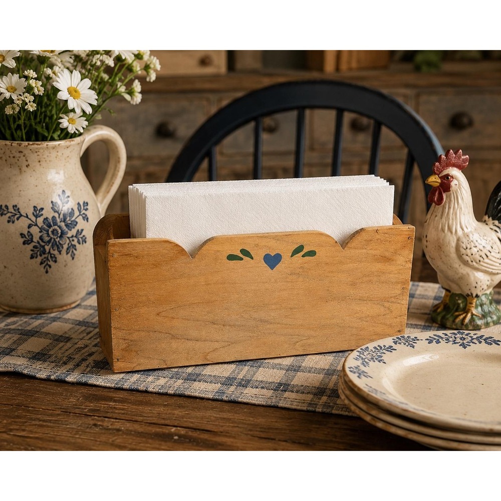 Wooden Napkin Holder Rustic Farmhouse Mail Organizer Country Blue Heart Folk Art